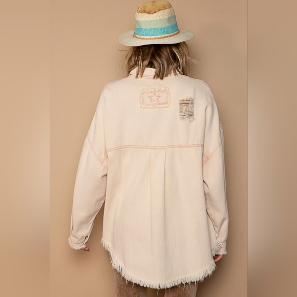 POL Button Down Raw Hem Distressed Shacket - Picture 3 of 5